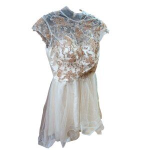 Embroidered Ivory High-Low Dress Floral  Sheer Overlay Formal Prom sz 16 (slim)